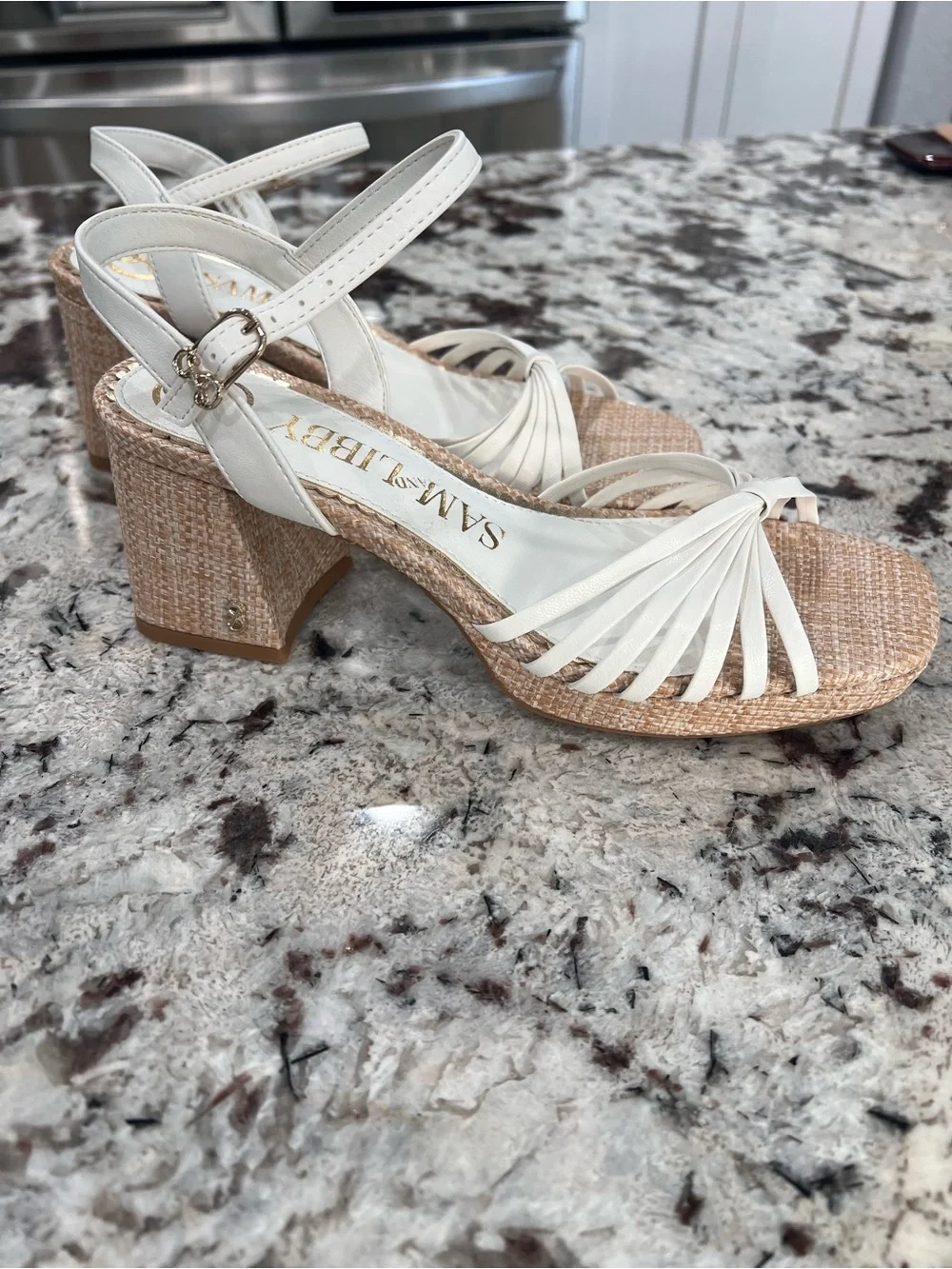 Sam Edelman Cream Woven Platform Block Heel Sandals
